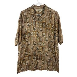 Island Republic Mens XL Cotton Tropical Palm Tree Print Button Down Shirt Tan